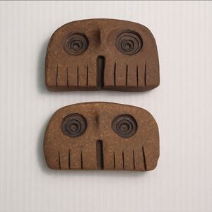 Handmade Rustic Owl Face Sculptures Brown Brick Stoneware Pair 3.5” Artisan